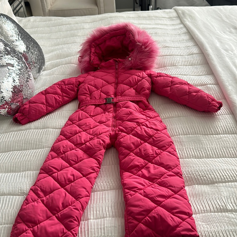 Kids Pink Quilted Hooded Snowsuit with real Fur Trim